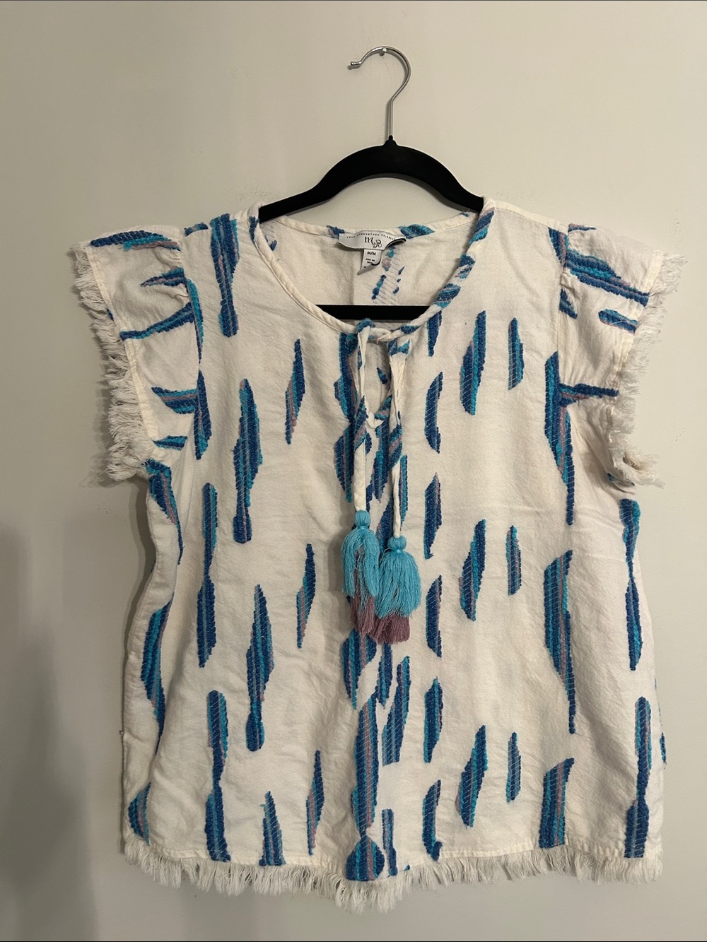 Blue Patterned Tassel Tie Flutter Sleeve Blouse